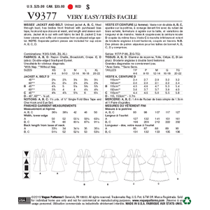 Vogue Sewing Pattern Misses' Jacket and Belt 9377y (Sizes XS-S-M)