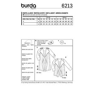 Burda Style Pattern 6213 Women's Coat without Collar or Fastening Burda Sewing Pattern 6213