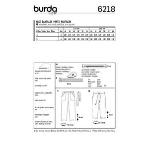 Burda Style Pattern 6218 Women's Trousers/Pants - Straight Leg - Patch Pockets Burda Sewing Pattern 6218