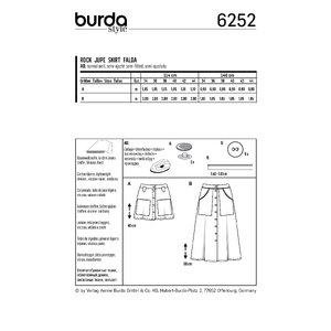 Burda Style Pattern 6252 Misses' Skirts, Front Fastening, Mini or Midi Length with Pocket Variations Burda Sewing Pattern 6252