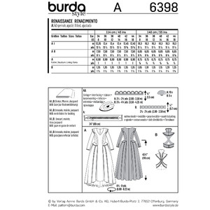 Burda Style Pattern B6398 Women's Renaissance Dress Burda Sewing Pattern 6398