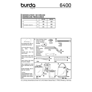 Burda Style Pattern B6400 Backpack with Zipper Fastener Burda Sewing Pattern 6400