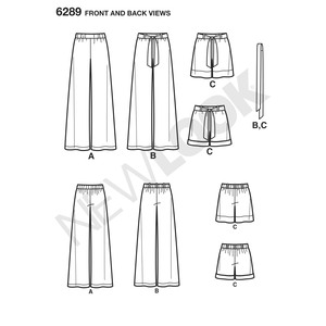 New Look Sewing Pattern 6289 Misses' Pull-on Pants or Shorts and Tie Belt