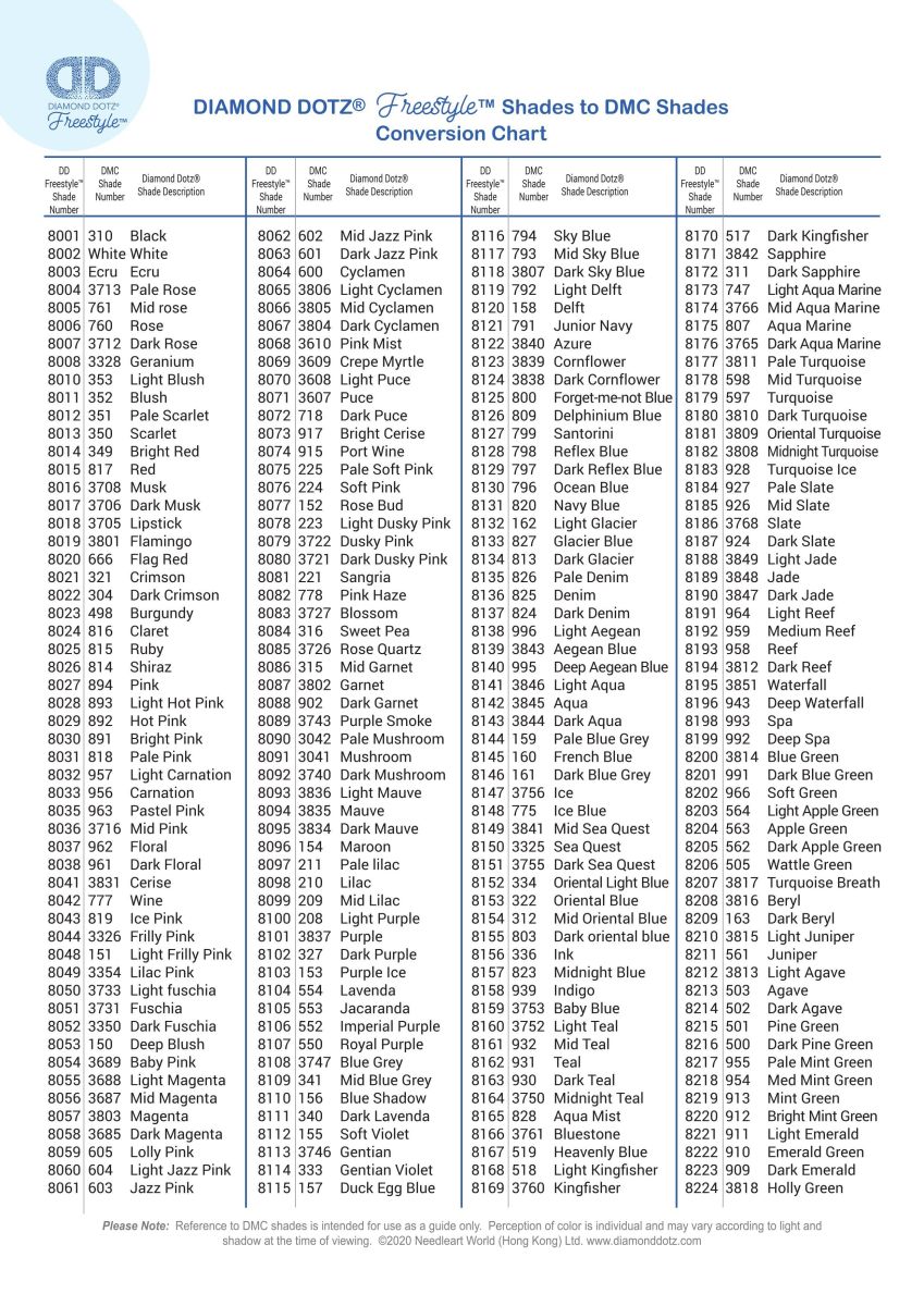 Diamond Dotz Freestyle Shades to DMC Shades Conversion Chart