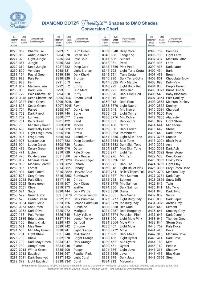 Diamond Dotz Freestyle Shades to DMC Shades Conversion Chart