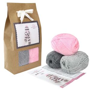 Birch Yarn Baby Knit Kit, Pink/Grey Striped Beanie &amp; Scarf