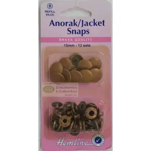 Anorak / Jacket Snaps 15mm, 12 Set Refill, Rust Proof BRASS, BRONZE Colour (NLA)