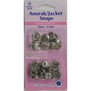 Anorak / Jacket Snaps 15mm, 12 Set Refill, Rust Proof BRASS, NICKLE Colour (NLA)