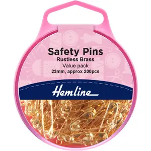 23mm Brass Safety Pins, 200 Piece Value Pack, Re-Usable Box by Hemline