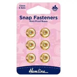 Metal Snap Fasteners, GOLD 13mm, 6 Sets Sew-In, By Hemline