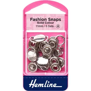 Hemline Fashion Snaps, 11mm, 6 Sets, SILVER Colour