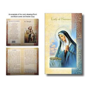 Our Lady of Sorrows Biography Card 80 x 135mm Folded, Gold Foiled