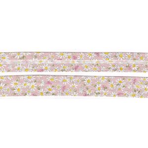 FLOWERS on PINK Print Cotton Bias Binding, 25mm Single Folded x 6 Metres