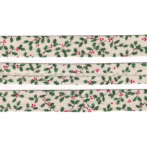 HOLLY ON CREAM Print Cotton Bias Binding, 25mm Single Folded By The Metre