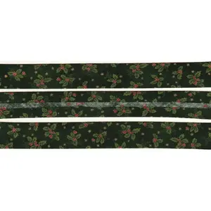 METALLIC HOLLY GREEN Print Cotton Bias Binding, 25mm Single Folded By The Metre