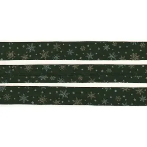 METALLIC SNOWFLAKES GREEN Print Cotton Bias Binding, 25mm Single Folded By The Metre