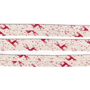 RED REINDEER Print Cotton Bias Binding, 25mm Single Folded By The Metre