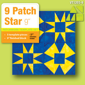 9 Patch Star 5 Piece Patchwork Template Set, VT1203-9 (Makes 9&quot; Blocks)