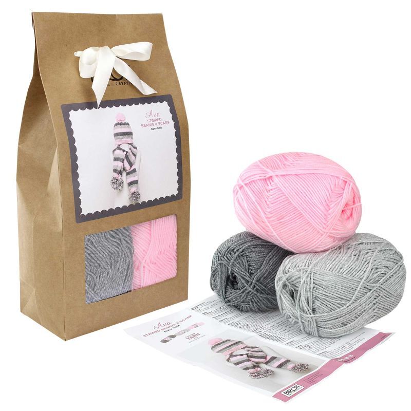 Birch Yarn Baby Knit Kit, Pink/Grey Striped Beanie & Scarf