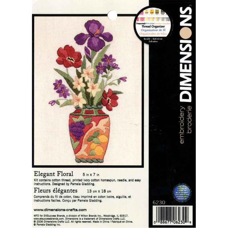 ELEGANT FLORAL Crewel Embroidery Kit 5" x 7" On Printed Wheat Homespun, 06230