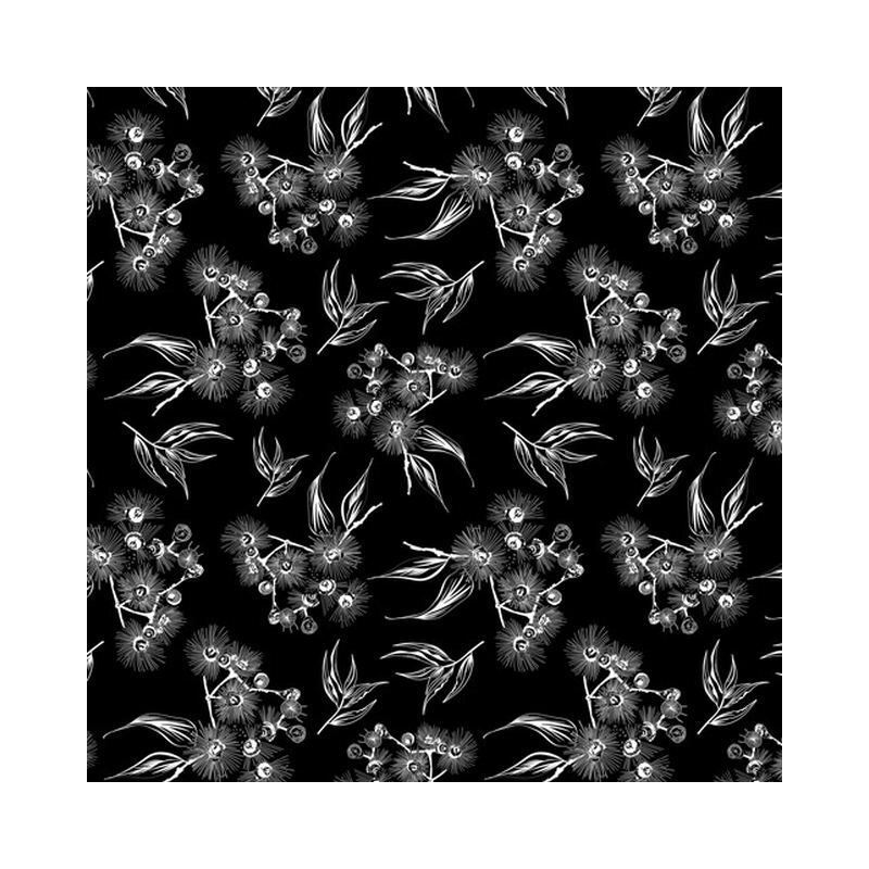 78cm REMNANT Great Southern Land Blooming Gumnuts Black, 112cm Wide 100% Cotton Fabric