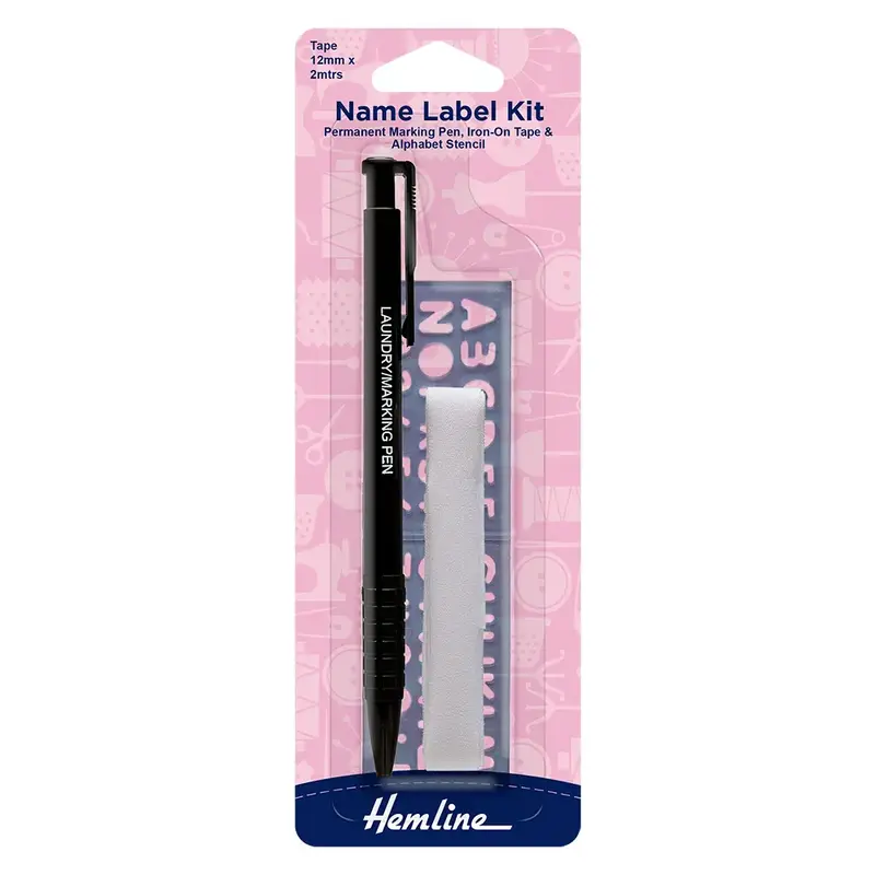 Hemline Permanent Name Label Kit, Pen, Iron-On Tape, Alphabet Stencil