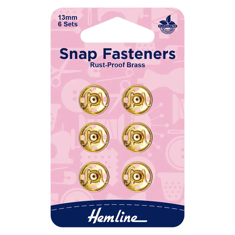 Metal Snap Fasteners, GOLD 13mm, 6 Sets Sew-In, By Hemline