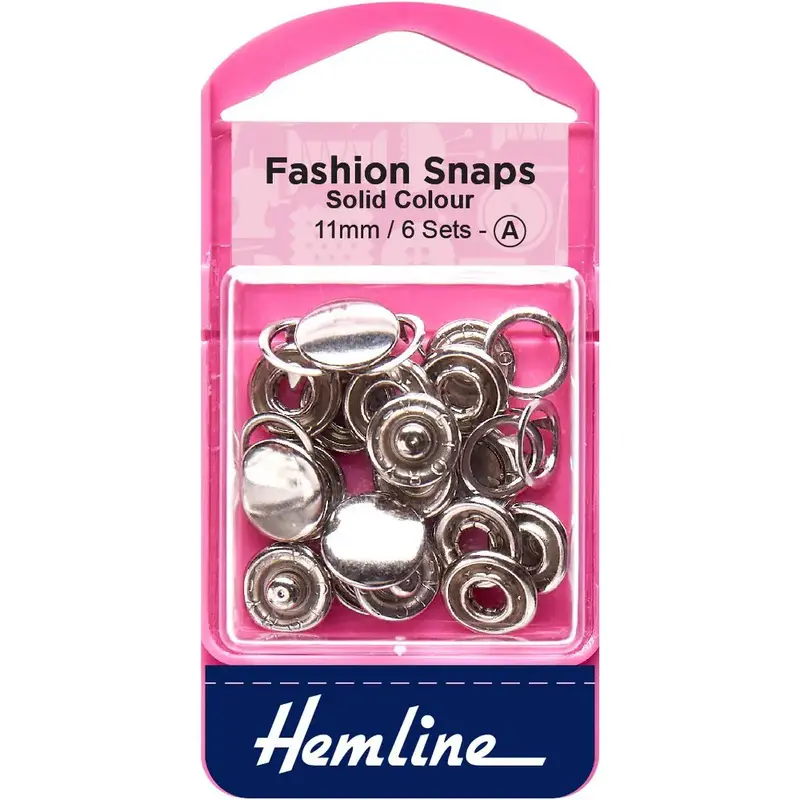 Hemline Fashion Snaps, 11mm, 6 Sets, SILVER Colour