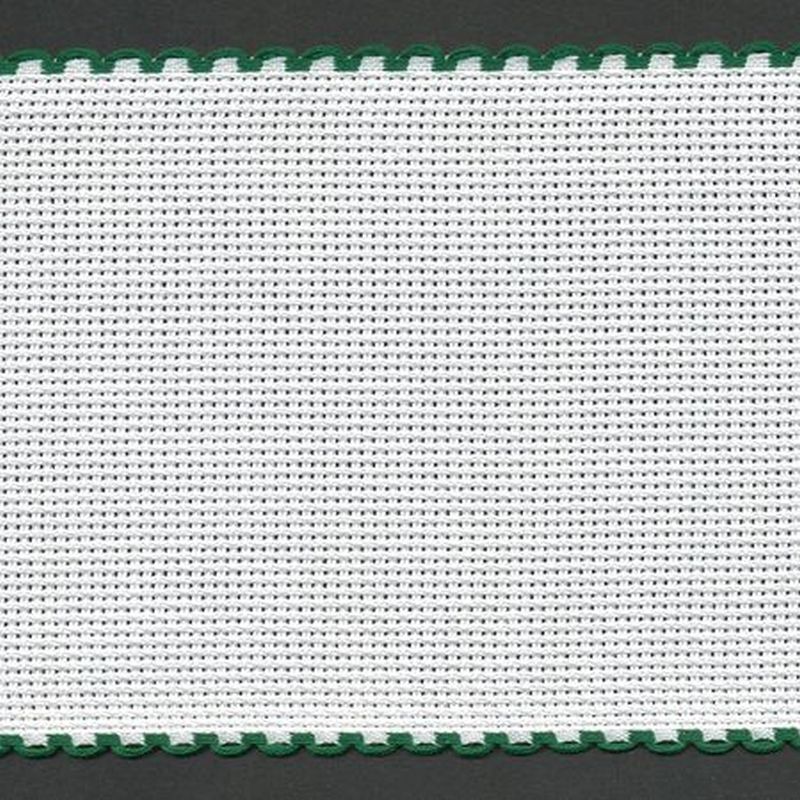 WHITE GREEN EDGED 80mm Wide 14 Count Aida Band (7008-166), Priced per Metre