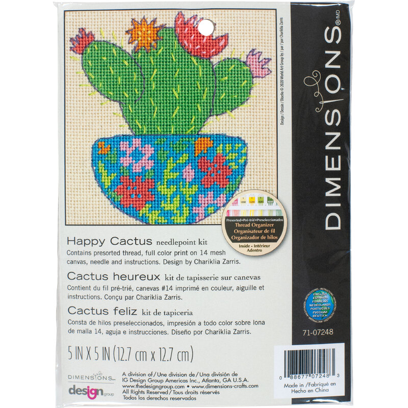 HAPPY CACTUS Printed Needlepoint Kit 5" x 5" (12.7cm x 12.7cm)