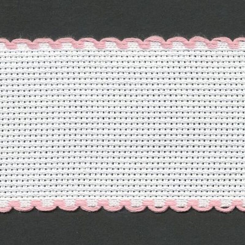 WHITE PINK EDGED 50mm Wide 14 Count Aida Band (7107-14), Priced per Metre