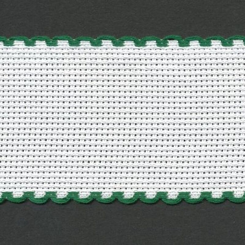 WHITE GREEN EDGED 50mm Wide 14 Count Aida Band (7107-166), Priced per Metre