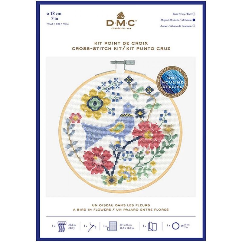 DMC A BIRD IN FLOWERS Counted Cross Stitch Kit 18cm Diameter, BK1929