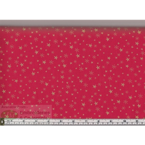 24cm REMNANT Makower UK Fabrics Metallic Christmas Stars RED 110cm Wide