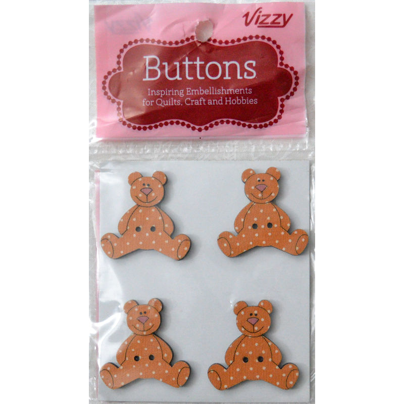 Vizzy Novelty Wooden Buttons Gummy Bear (Small Teddy Bear), 30x30mm, Pack of 4