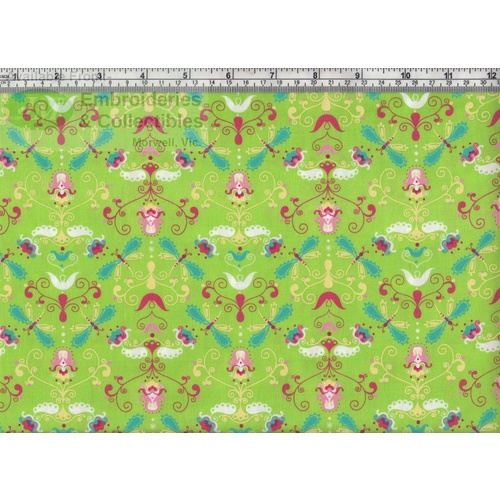 Sugar Garden Dragonfly, GREEN Cotton Fabric 110cm Wide Per 50cm