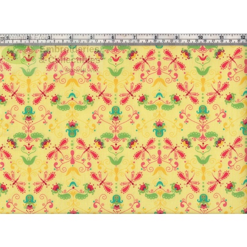 Sugar Garden Dragonfly, YELLOW Cotton Fabric 110cm Wide Per 50cm