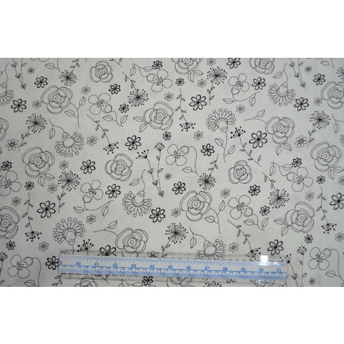 Cotton Fabric, Flower Sprigs Black On White, 110cm Wide 42cm REMNANT