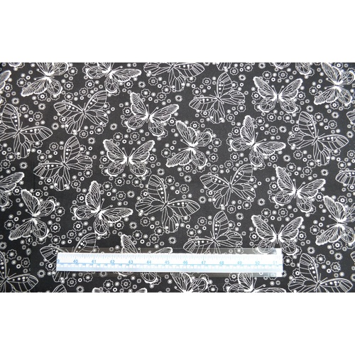 96cm REMNANT Cotton Fabric, Butterfly White On Black, 110cm Wide