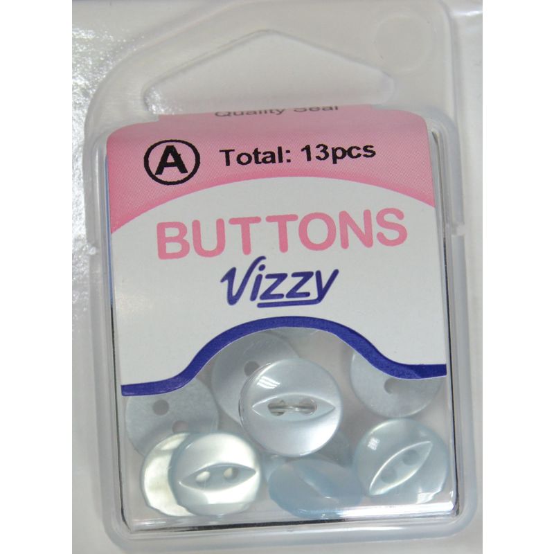 Hemline / Vizzy Buttons, Fish Eye 2 Hole 11mm, Pack of 13, PALE BLUE