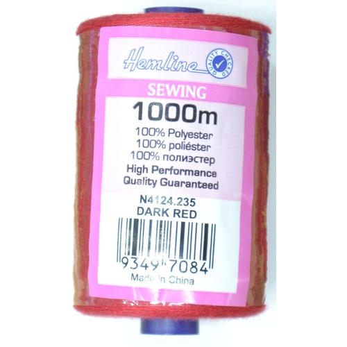 Hemline 100% Polyester Sewing & Overlocking Thread 1000m Spool, DARK RED