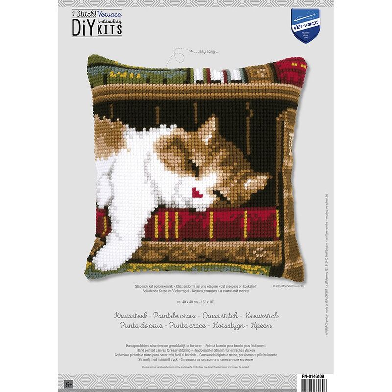 Vervaco CAT SLEEPING ON BOOKSHELF Cross Stitch Cushion Kit 40cm x 40cm PN-0146409