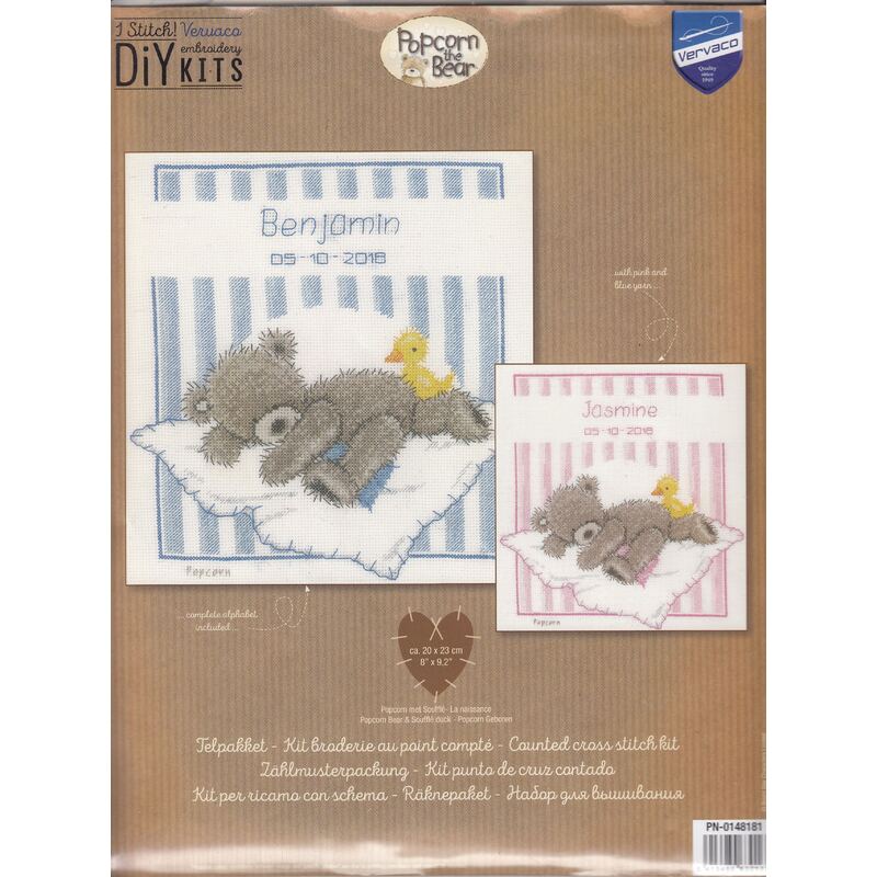 Vervaco POPCORN BEAR & SOUFFLE DUCK Birth Record Counted Cross Stitch Kit PN-0148181