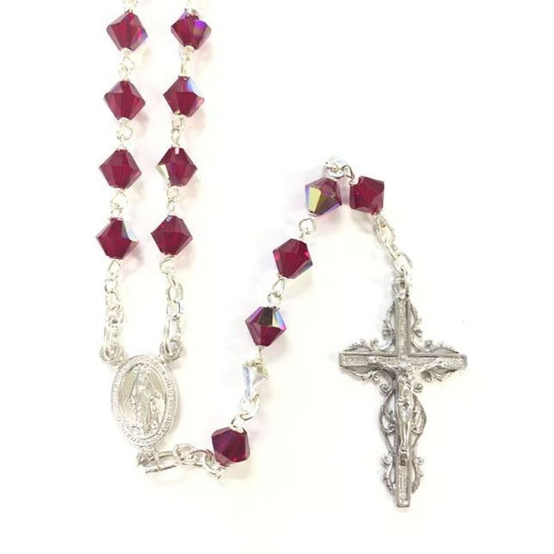 Rosary Red Swarovski Crystal 5mm beads & Sterling Silver, Gift Boxed Made In Italy