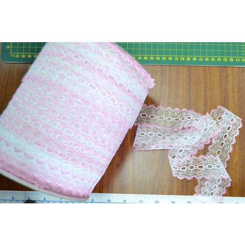 PINK WHITE 37mm Iridescent Feather Edge Eyelet Lace, Per metre