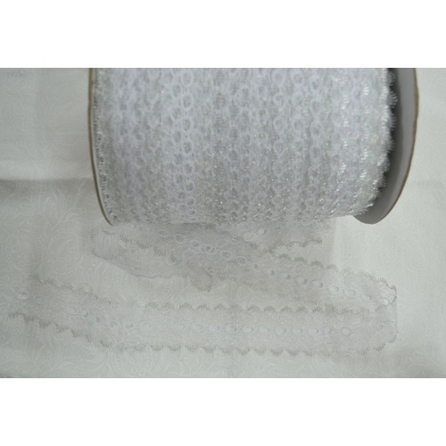 METALLIC SILVER WHITE 37mm Iridescent Feather Edge Eyelet Lace, Per metre