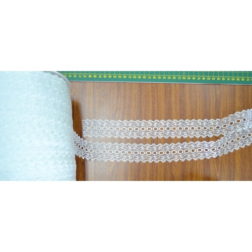 WHITE 37mm Feather Edge Eyelet Lace, Per metre