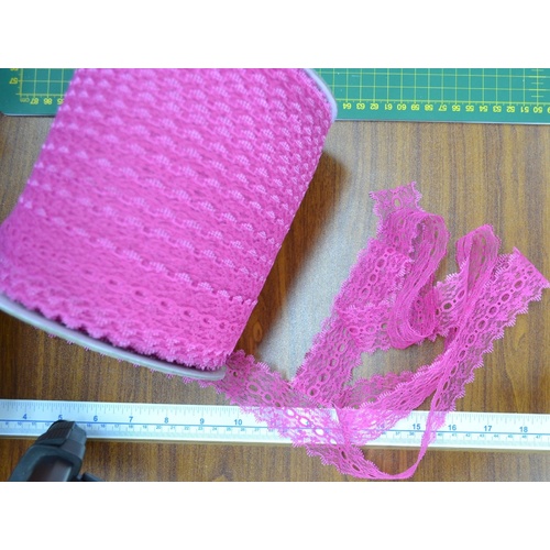 HOT PINK 37mm Feather Edge Eyelet Lace, Per metre