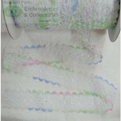 MULTI COLOUR 37mm Feather Edge Eyelet Lace, Per metre