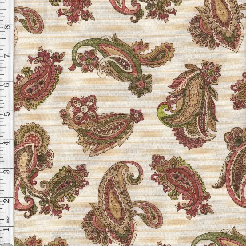 Lauren Paisley On Stripe ECRU Cotton Fabric 110cm wide